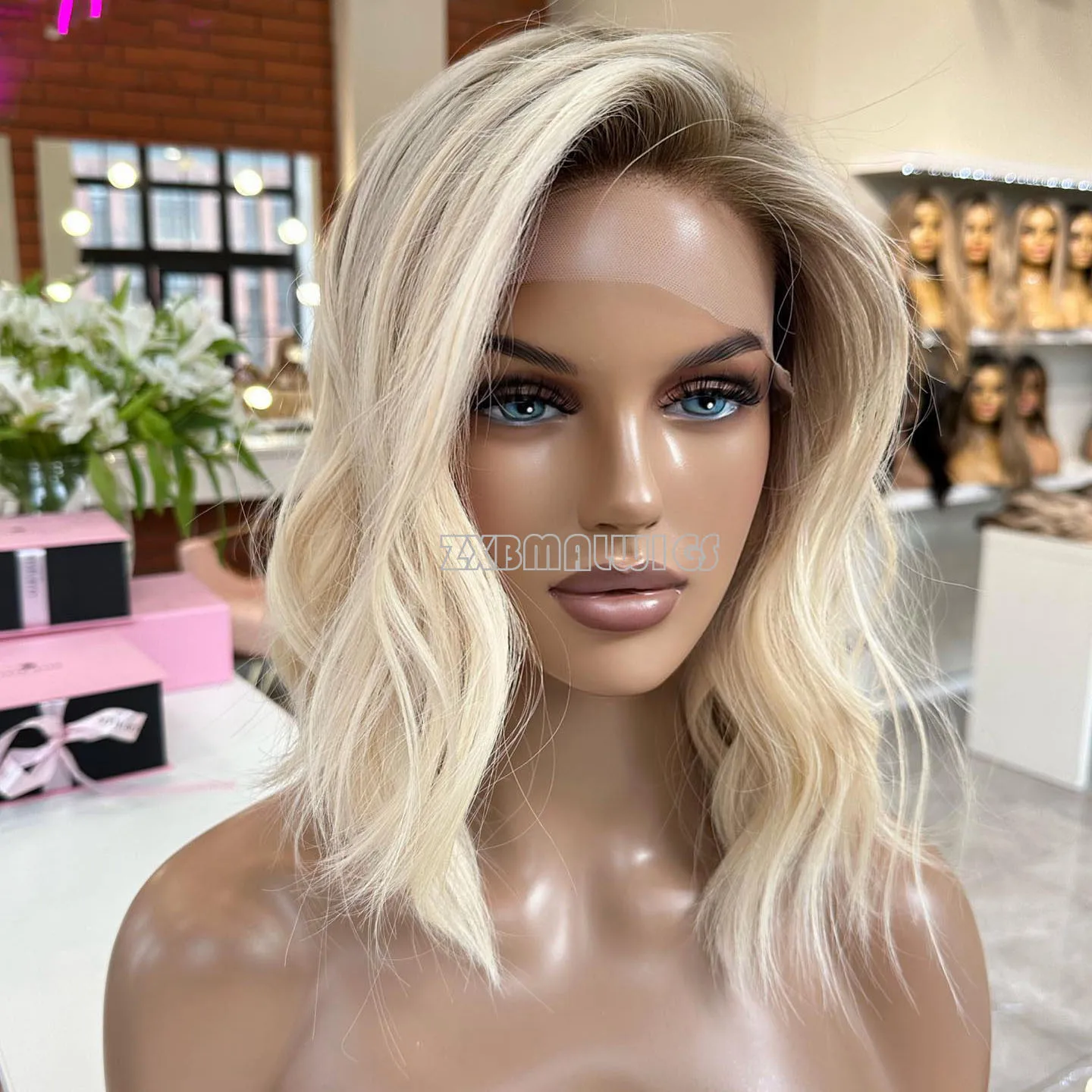 Short Bob Body Wave Glueless Ombre Blonde Side Part  Lace Wigs Synthetic Hair Slight Wavy Fiber Wigs Glueless13x3 Lace Front Wig