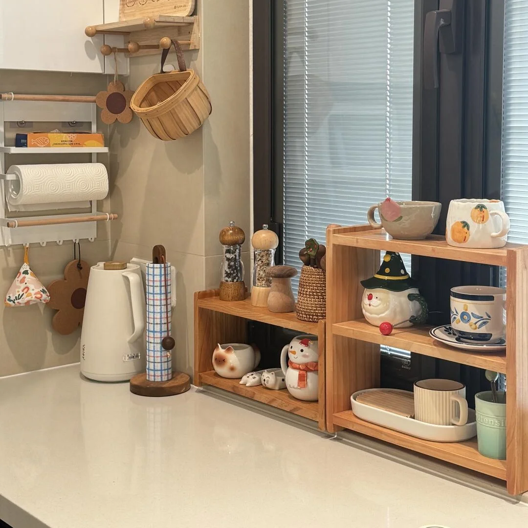 

Wood Multi-Layer Storage Ra Kitchen Counter Spice Condiment Holder Dining Cabinet Cup Tea Cup Coffee Cup Organizer