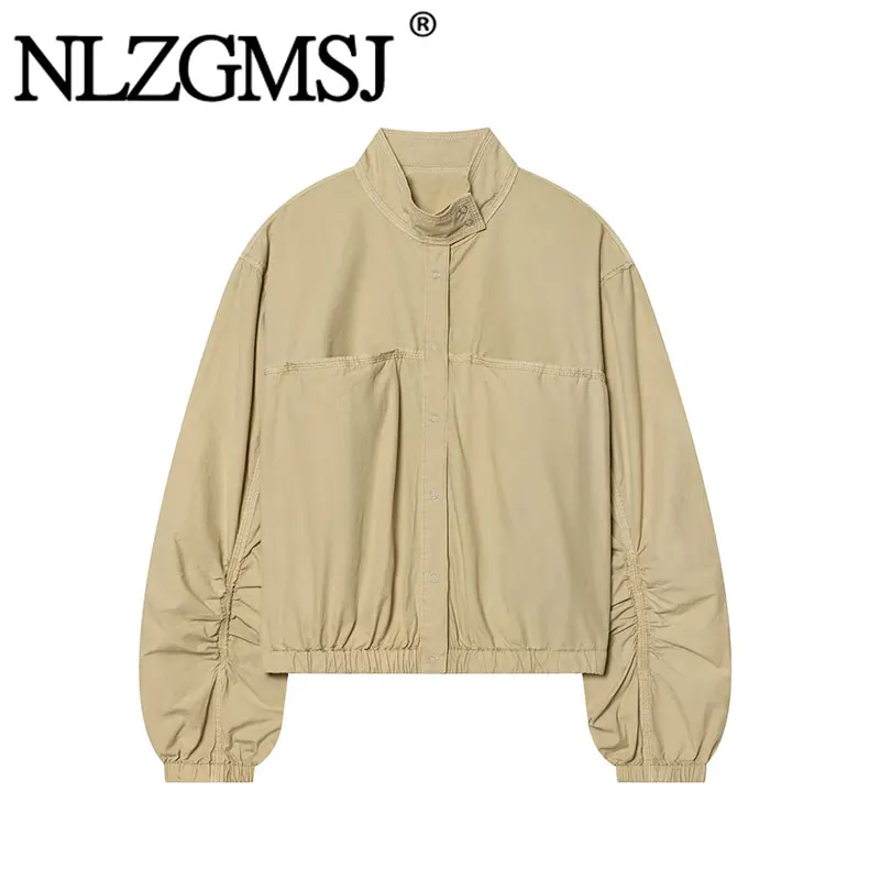 

Nlzgmsj 2026 Весенняя женская винтажная укороченная куртка цвета хаки с воротником-стойкой и рукавами с рюшами, повседневная уличная одежда Y2K