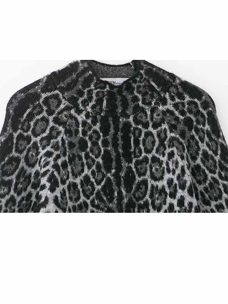 

HH Woman Early Spring Fashion Chic Wide Sleeves Half Turtleneck Leopard Print Short Knitted Pullover Female Loose Knitted Tops