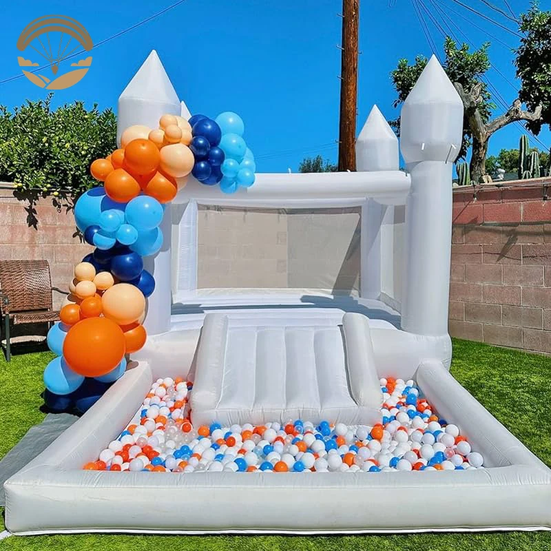 Witte Kinderen Opblaasbaar Kasteel Met Blazer Trampoline Glijbaan Bal Zwembad Bruiloftsfeest Park Evenement Verhuur Kids Speelgoed Springbed