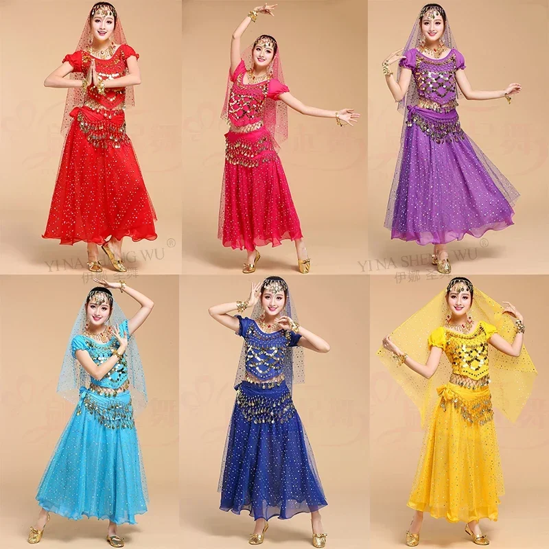 New India Belly Dance Costumes Set Adult Women Chiffon Sequin Top Skirt Suit Stage Performance Practice Wear Short Sleeve