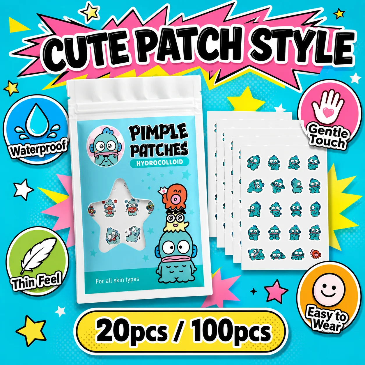 Sanrio Acne Pimple Patches, Hydrocolloid Spot Cover Stickers, Cute Face Care Patches for Daily Use