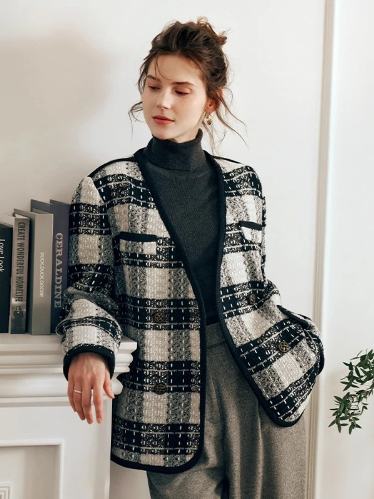 

OLrain Women's Blends Jackets 2025 Autumn New in Winter V-neck Coats Elegant Commute Loose Plaid Outerwear Female G23DN65988