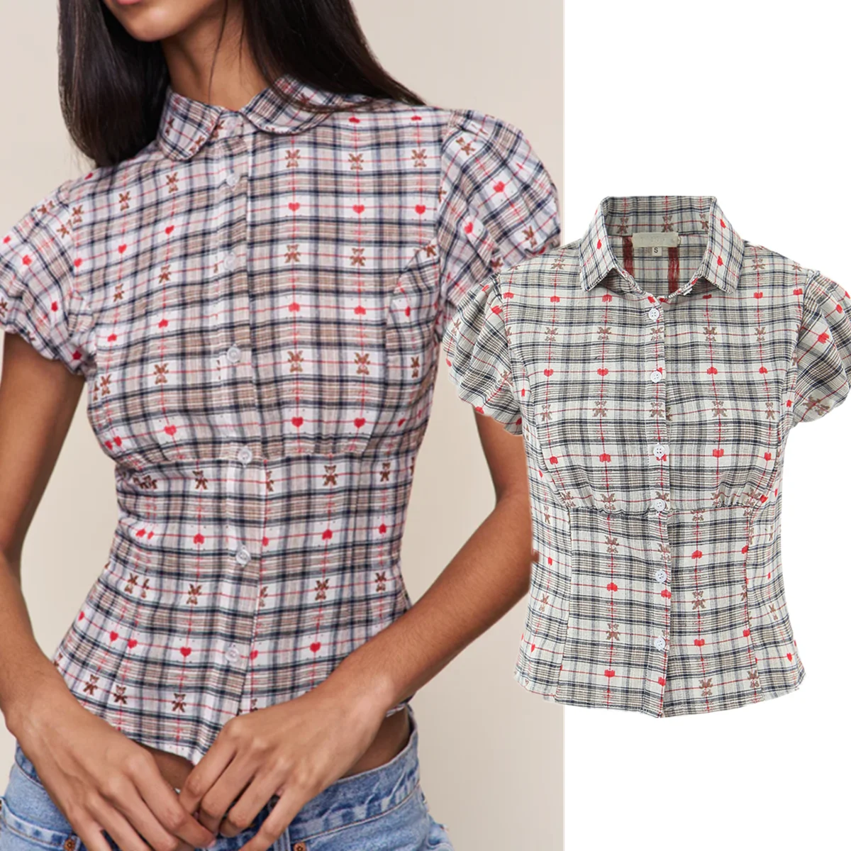 

Jenny&Dave Ins Fashion Blogger Checked Shirt Streetwear Summer Shirts & Blouses Short Sleeve Women's Clothes Shirts Tops