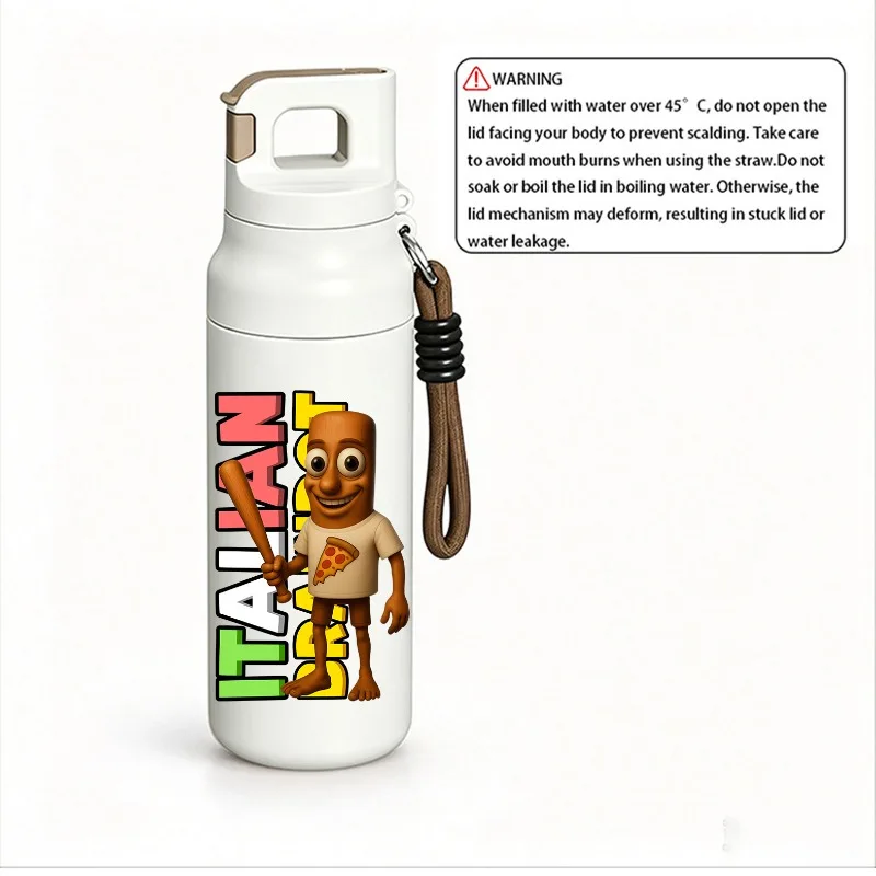 Italian Brainrot Meme Stainless Steel Insulated Water Bottle 580ml One Touch Lid with Lanyard