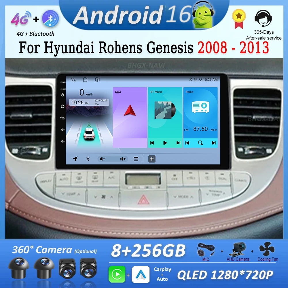 

for Hyundai Rohens Genesis 2008 2009 - 2013 Carplay WiFi Android 16 Intelligent System Car Video Multimedia Player DSP Stereo BT