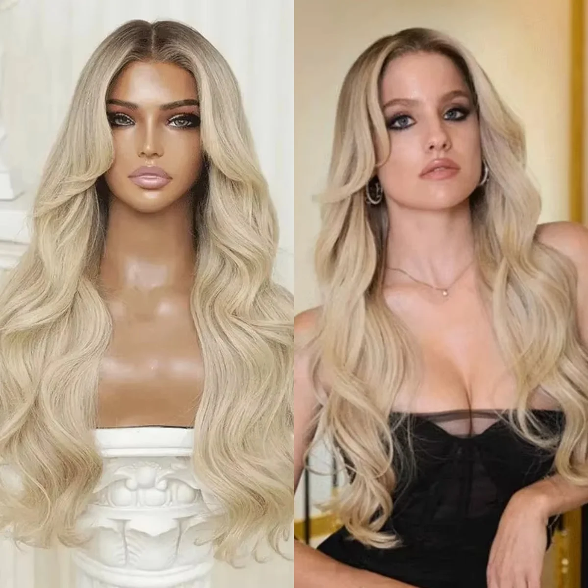

Высококачественный синтетический парик Ombre Ash Light Blonde HD Lace Frontal Wig Mix Color Body Wave Hair With Dark Roots Daily Party Used