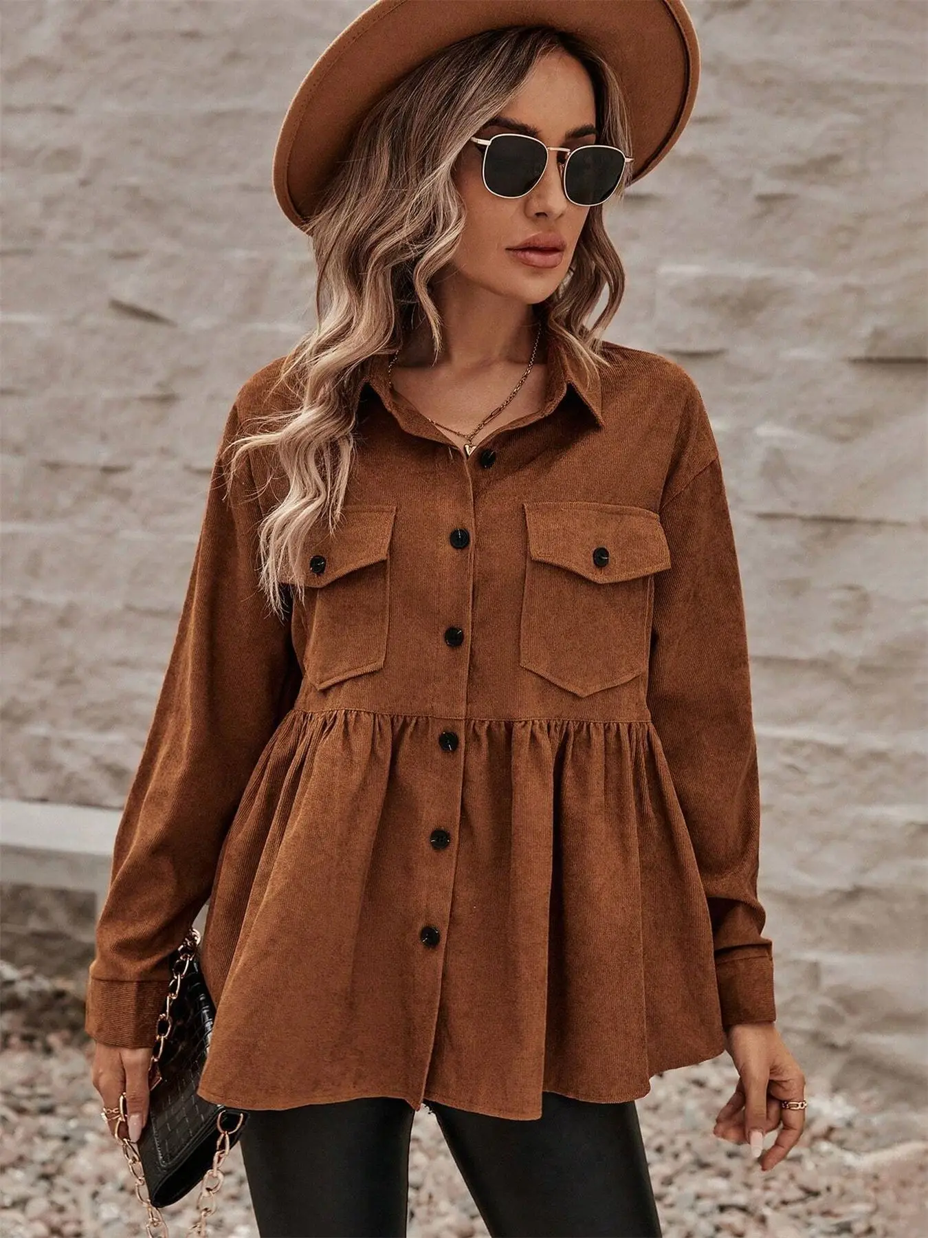 Women's Brown Corduroy Long Sleeve Shirt Oversized Ruffle Hem Button Front Pocket Casual Fall Winter Blouse