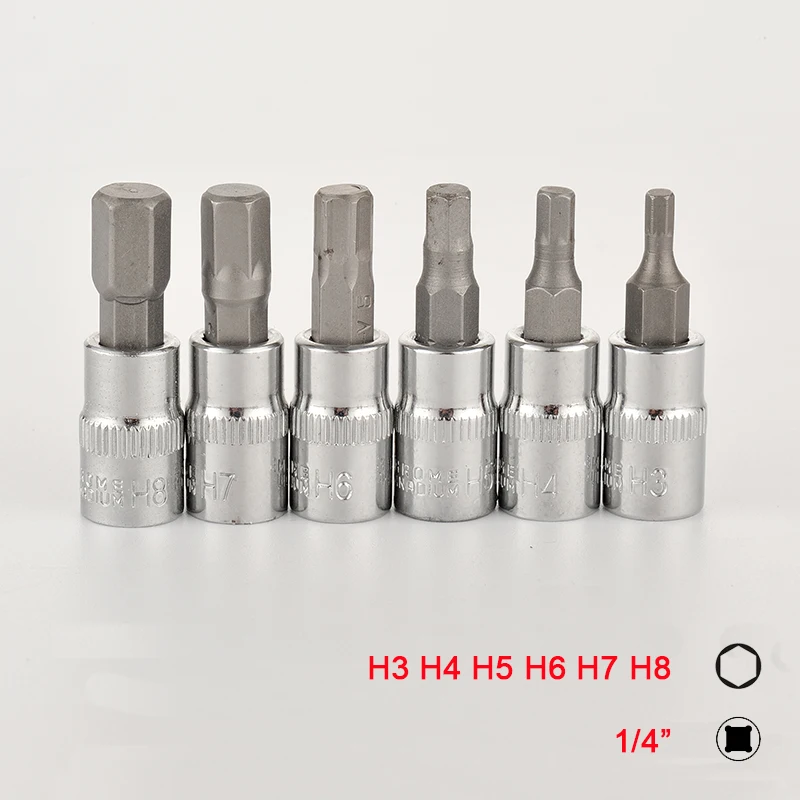 6pcs 1/4 Inch Hex Bit Socket Set  Allen Key Spline Bits H3 H4 H5 H6 H7 H8 Ratchet Socket Wrench Adapter Head for Torque Spanner