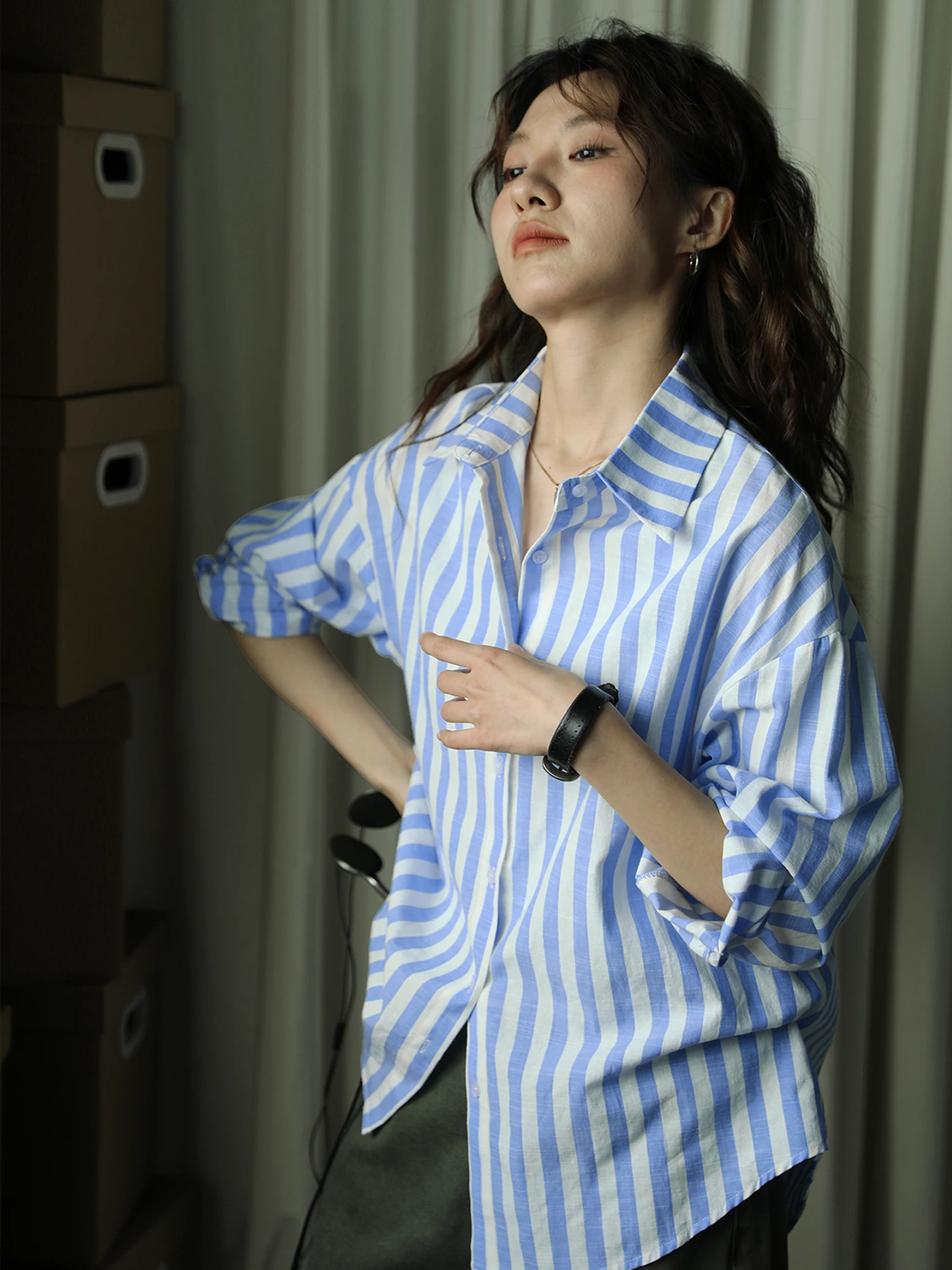 

Женская свободная хлопковая рубашка в полоску с длинным рукавом в стиле ретро, универсальная повседневная рубашка, дышащая, удобная, летняя мода