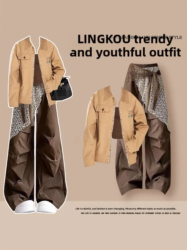 

Fashionable Casual Women's Three-Piece Set High Waist Wide Leg Pants V-Neck Jacket Base Layer Strap Workwear Jacket Autumn Ou...