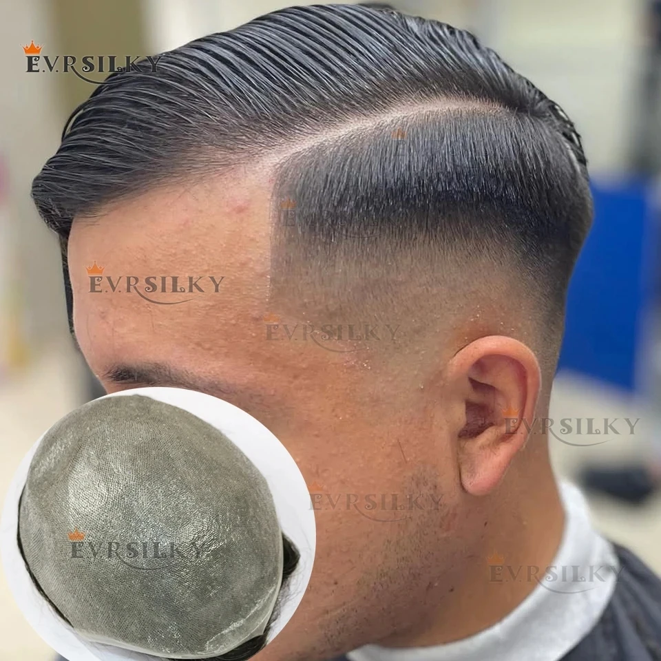 

Мужской парик-система невидимой фиксации из 100% натуральных волос, 80% плотность, 0.02 мм, ультратонкая реалистичная основа, незаметный, коричнево-серый