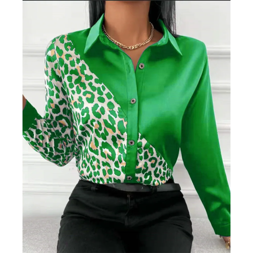 Spring Autumn New Women's Elegant Shirt Internet Celebrity Slimming Patchwork Printed Leopard Pattern Long Sleeve Shirts