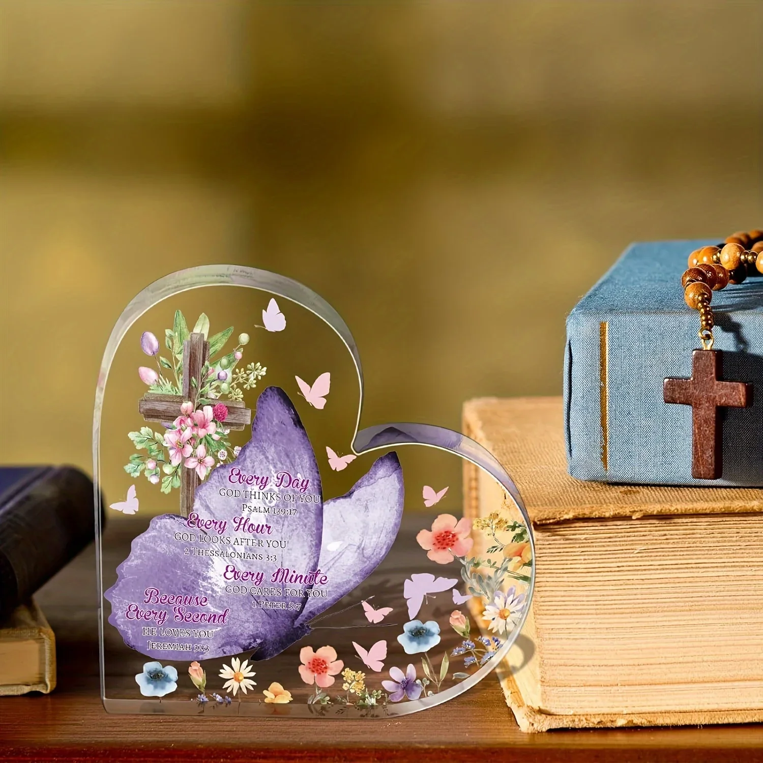 1pc,Christian Gifts for Women Heart Acrylic Plaque Purple Butterfly Cross Wildflower Christian Bible Verse Desk Decor