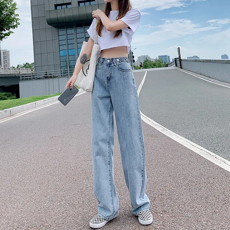 Jeans taille haute à jambes larges, jeans à la mode printemps et été pour femmes, jeans décontractés à jambe droite et à longueur de plancher, version coréenne