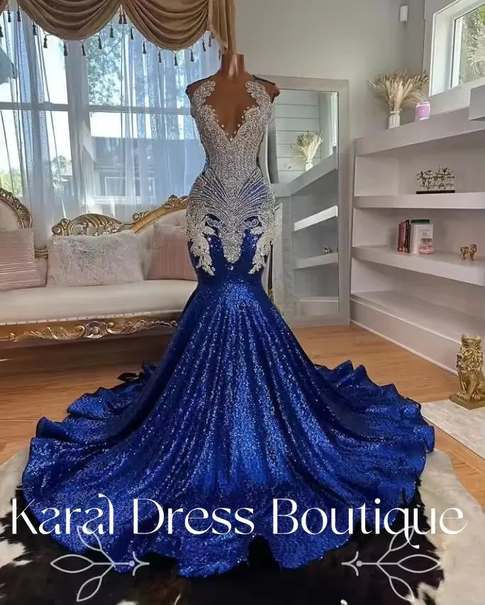 

Customsized Sparkling Blue Long Mermaid Prom Dress for Black Girl Luxury Diamond Crystal Birthday Party Gowns Evening Party Gown