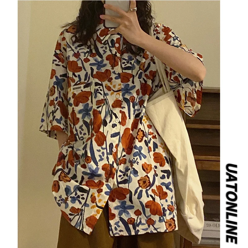 

Loose Floral Print ort Sve irt Women's Retro Hong Kong Sle Design Sense Street Faion Casual Button up Top