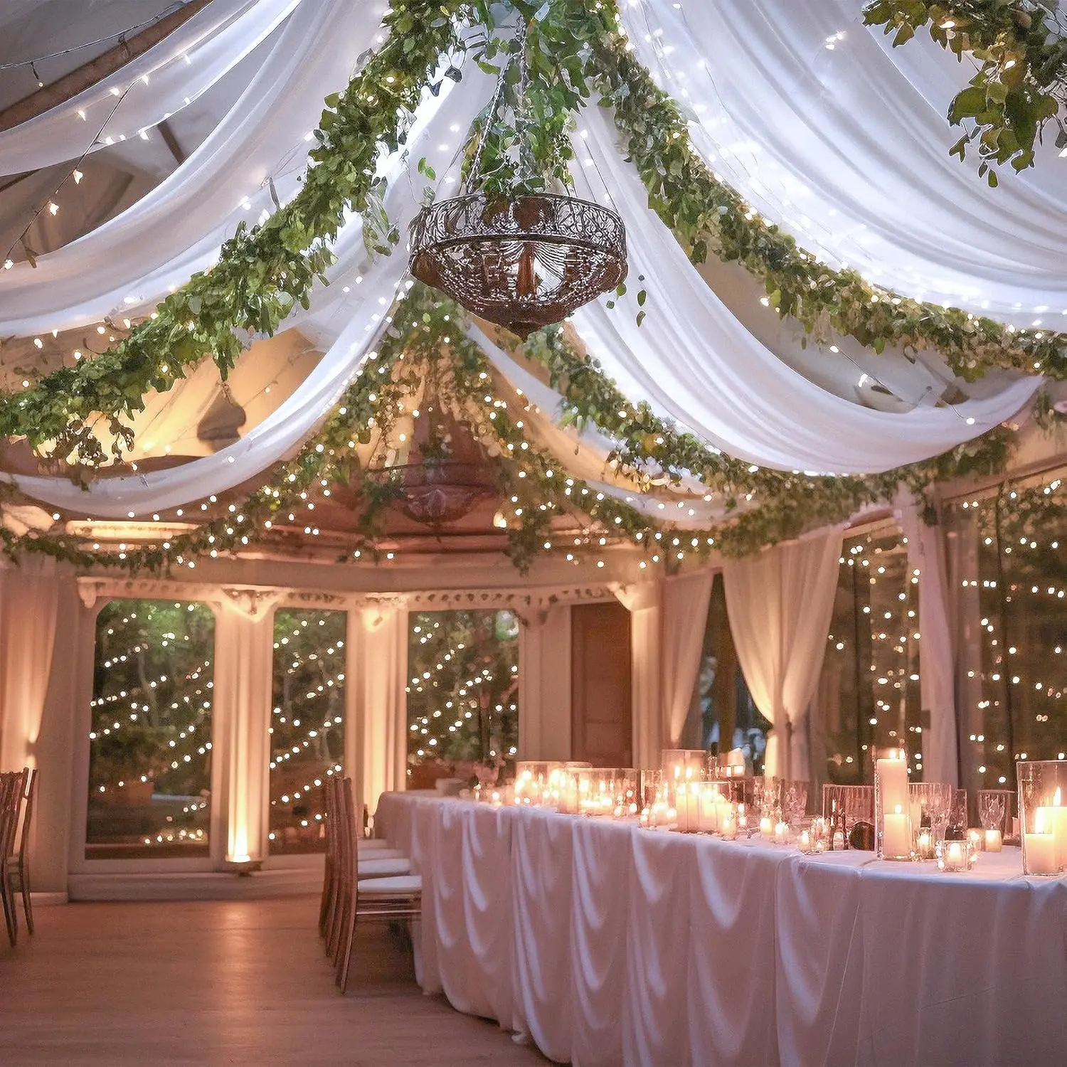 

6 Panels White Ceiling Drapes with Lights for Weddings, 5ftx30ft Tulle Fabric Drapery Decorations for Home Party Stage