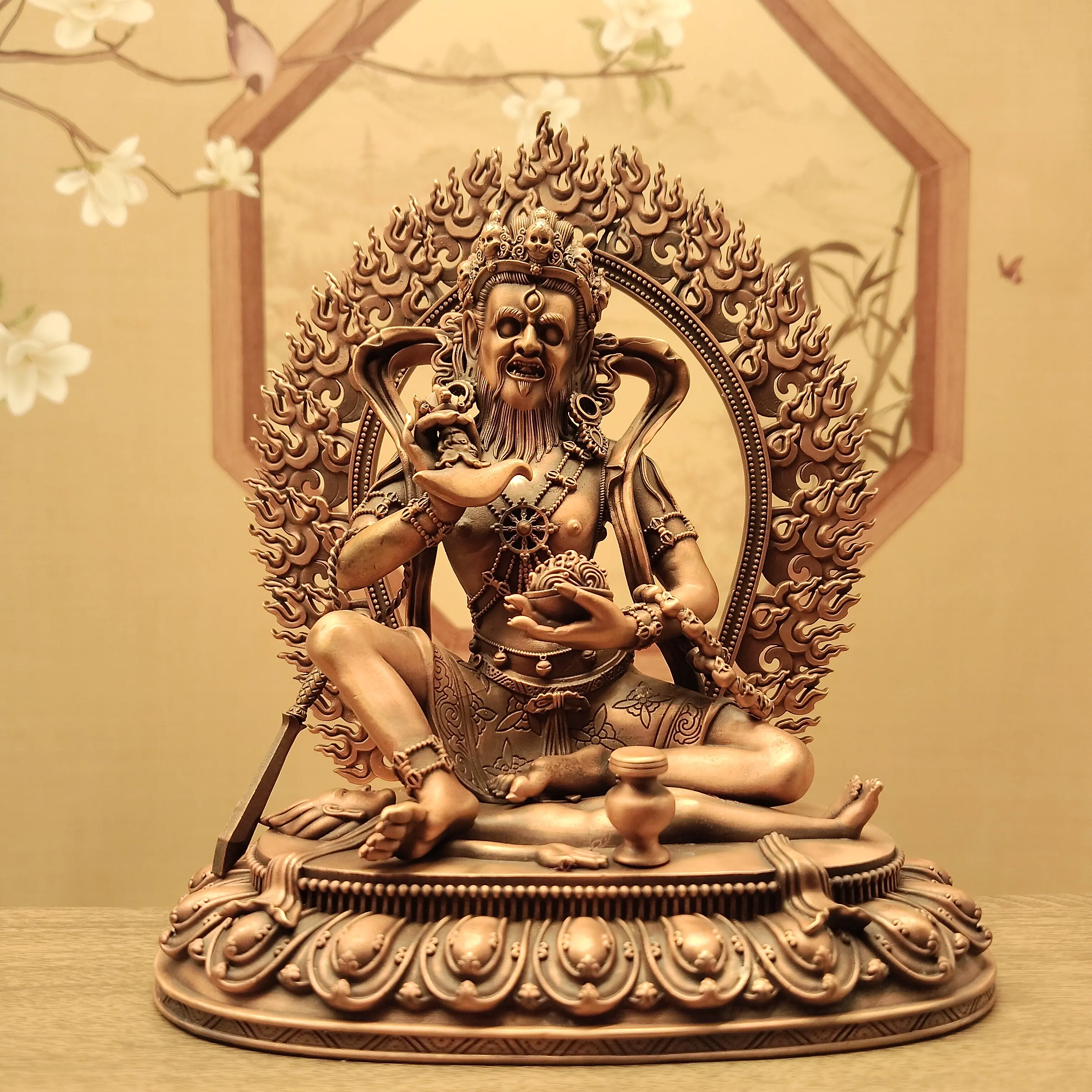 Tibetan Fine Antique Copper Brahmarupa Mahakala Protector Statue 15cm Home Office Living Room Altar Blessing