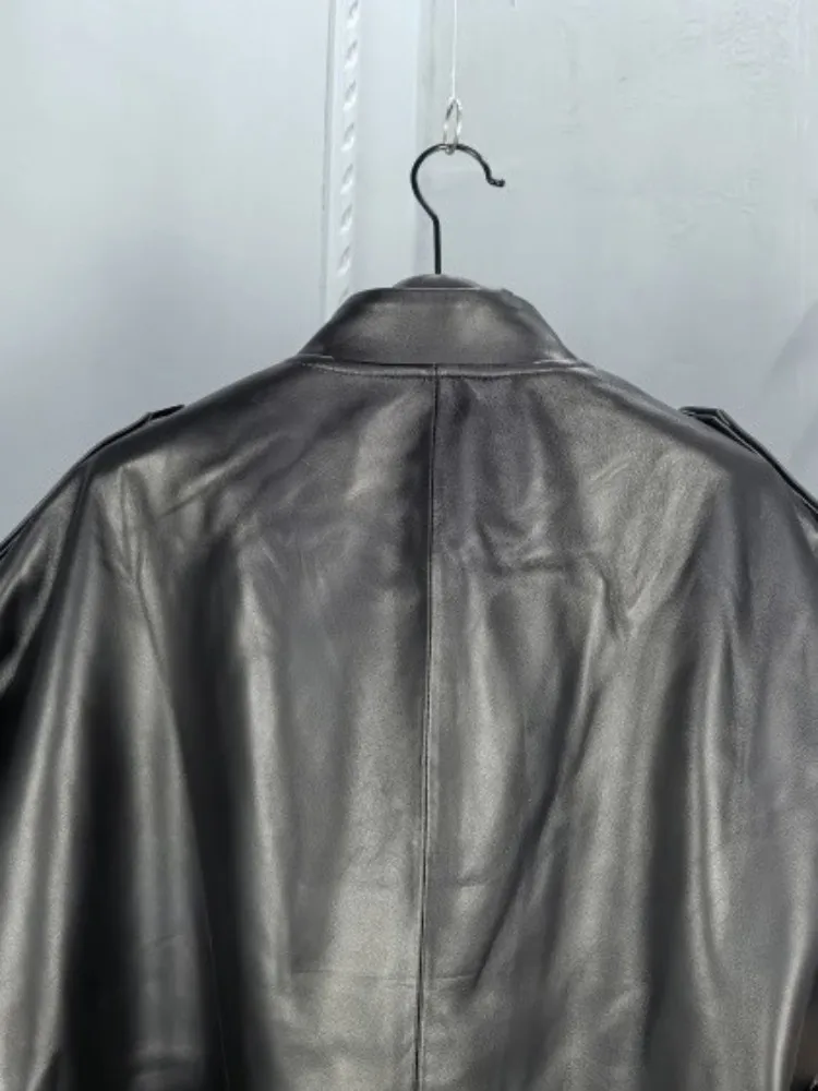 Büro Weibliche Echtes Leder Anzug Kragen Einfarbig Jacke Lose Schaffell Kurzen Ärmeln Zipper Schärpen Tasche Oberbekleidung