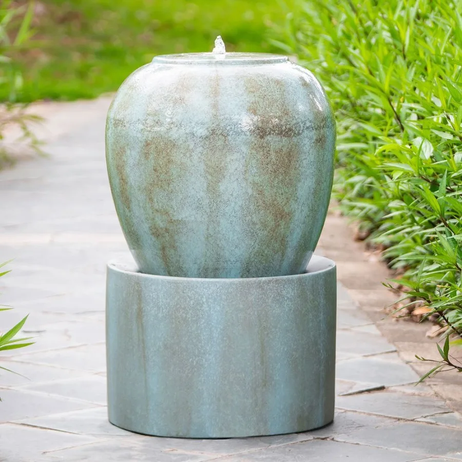 19.5x19.5x32.5 Heavy Outdoor Cement Fountain Antique Blue Cute Unique Urn Design Water feature For Home Garden Lawn Deck Patio
