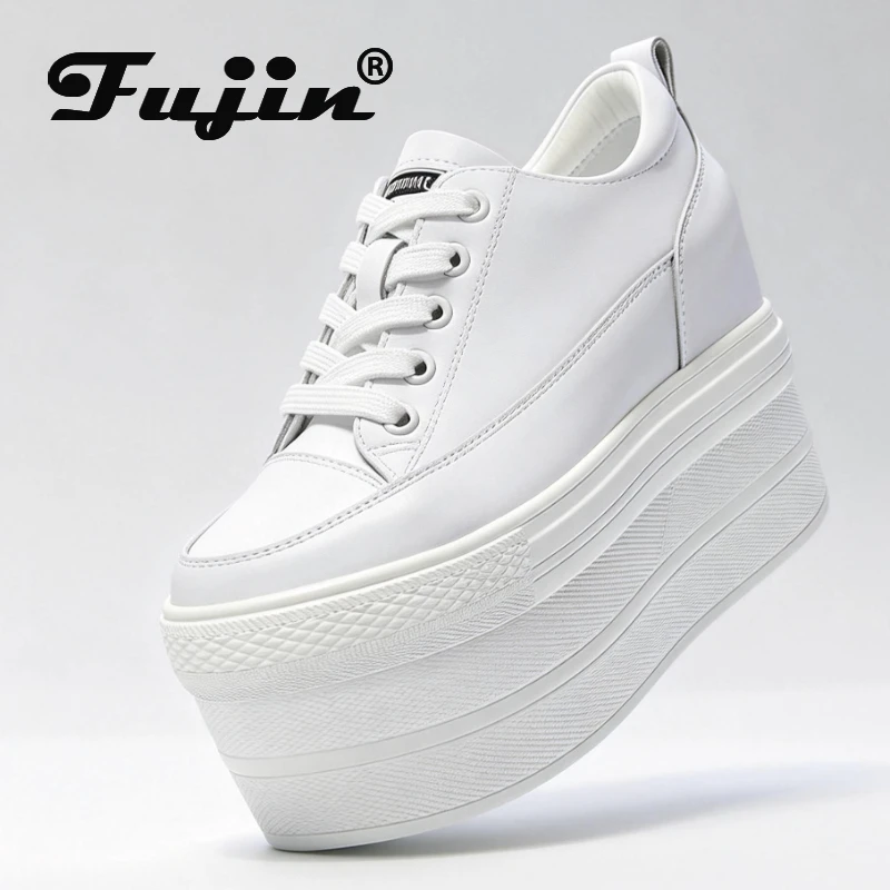 

Fujin 12cm Genuine Leather Women Vulcanized Shoes Leather Platform Wedge High Heels White Shoes Fall Winter Warm Casual Shoes