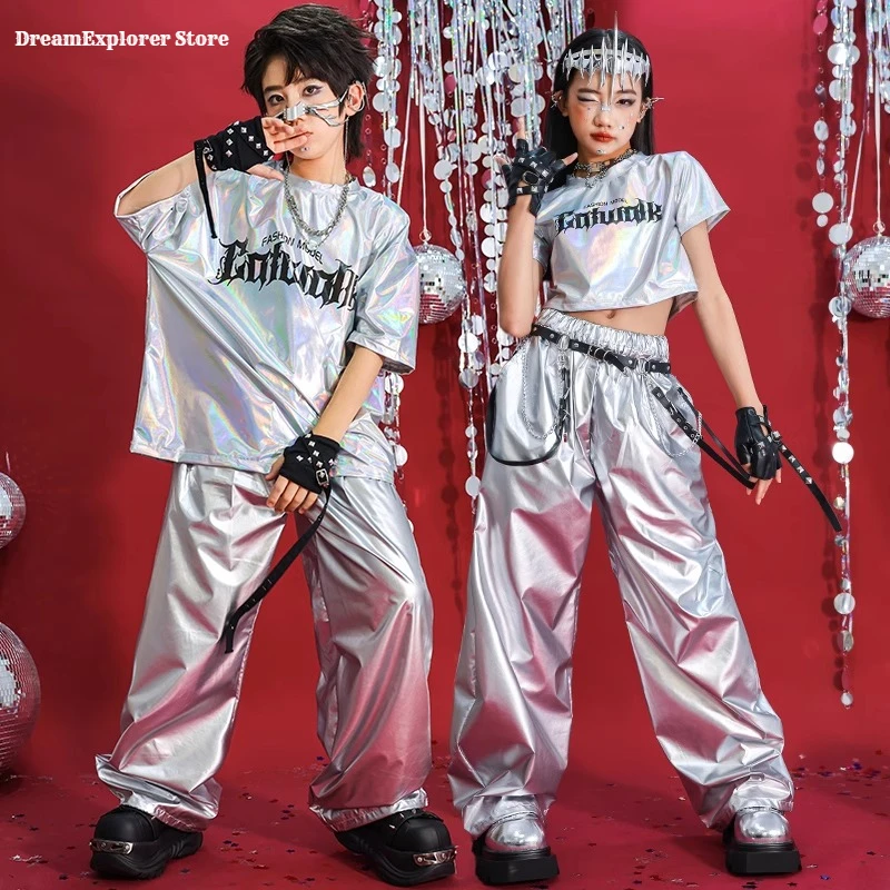 Hip Hop Boys T-shirt Street Dance Silver Pants Girls K-pop Shiny Joggers Kids Jazz Clothes Set Child Summer High-tech Streetwear