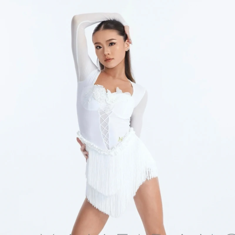 Mulheres mangas de malha dança latina vestido franjas adultos desempenho roupas de dança senhoras chacha samba dança latina sl14320