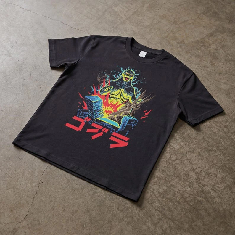 8 Bit Japanese Monster T-Shirt, Retro Gojira Sci Fi Film Graphic Tee