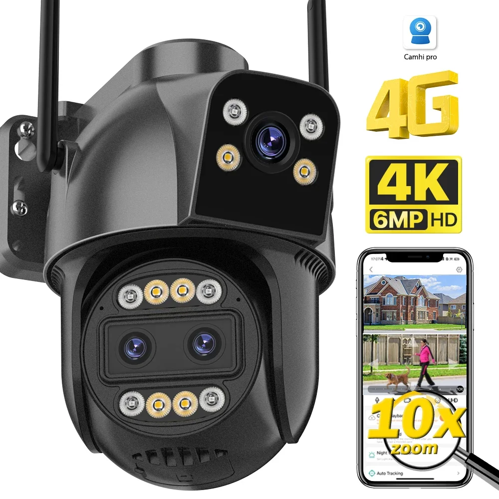 

4K 6MP 4G SIM Card PTZ Camera 10X Zoom Three Lens Dual WIFI Camera Auto Tracking Video Surveillance Camhi Pro