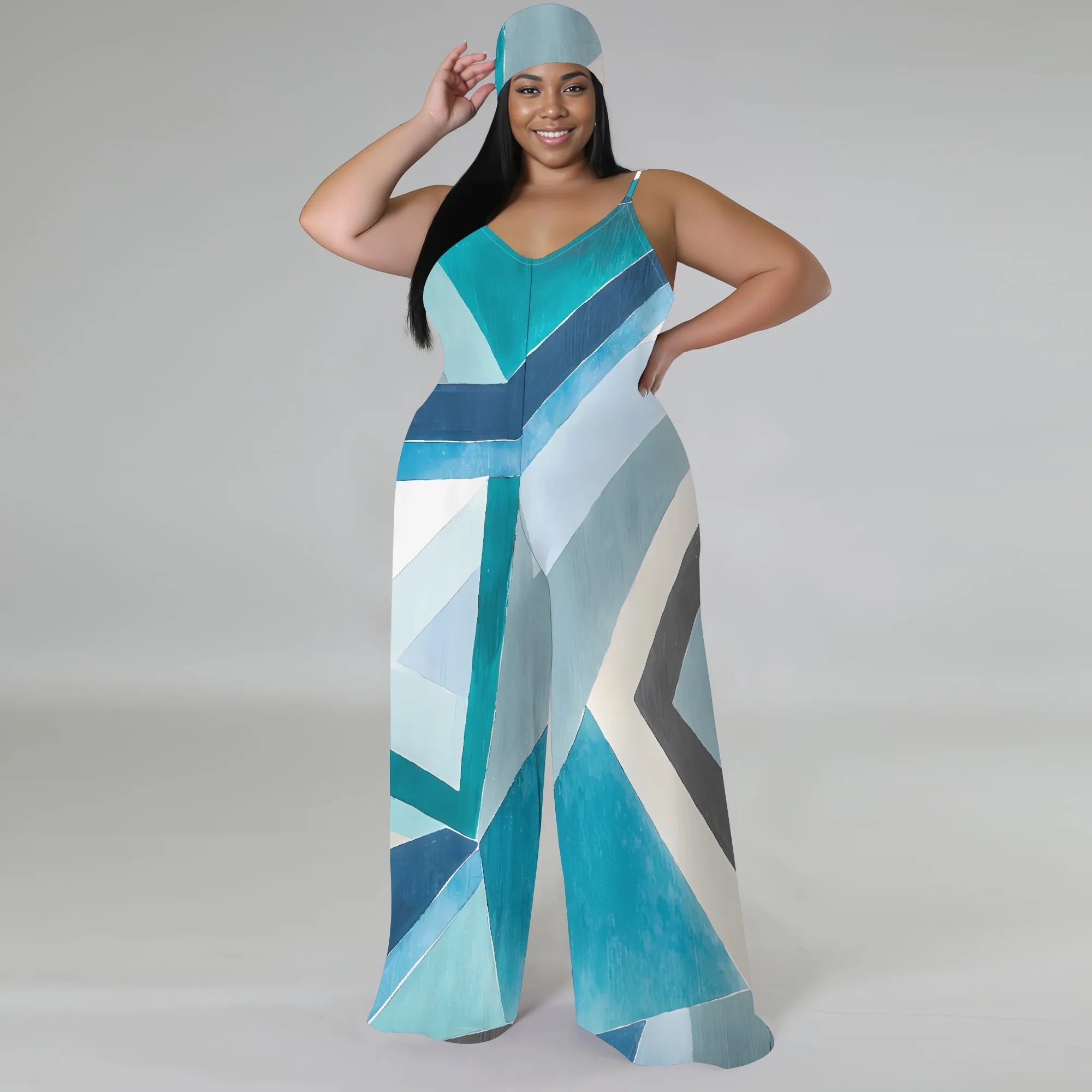 Plus Size Geometric Stripe Jumpsuit with Matching Head Wrap Wide Leg Sleeveless Outfit