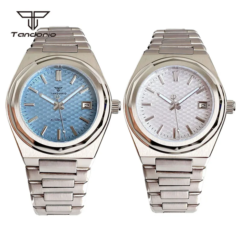 Tandorio Automatic Business Men's 40mm NH35 Mechanical Diver Watch Polygonal Bezel Wavy Dial Date Sapphire Wristwatch Luminous