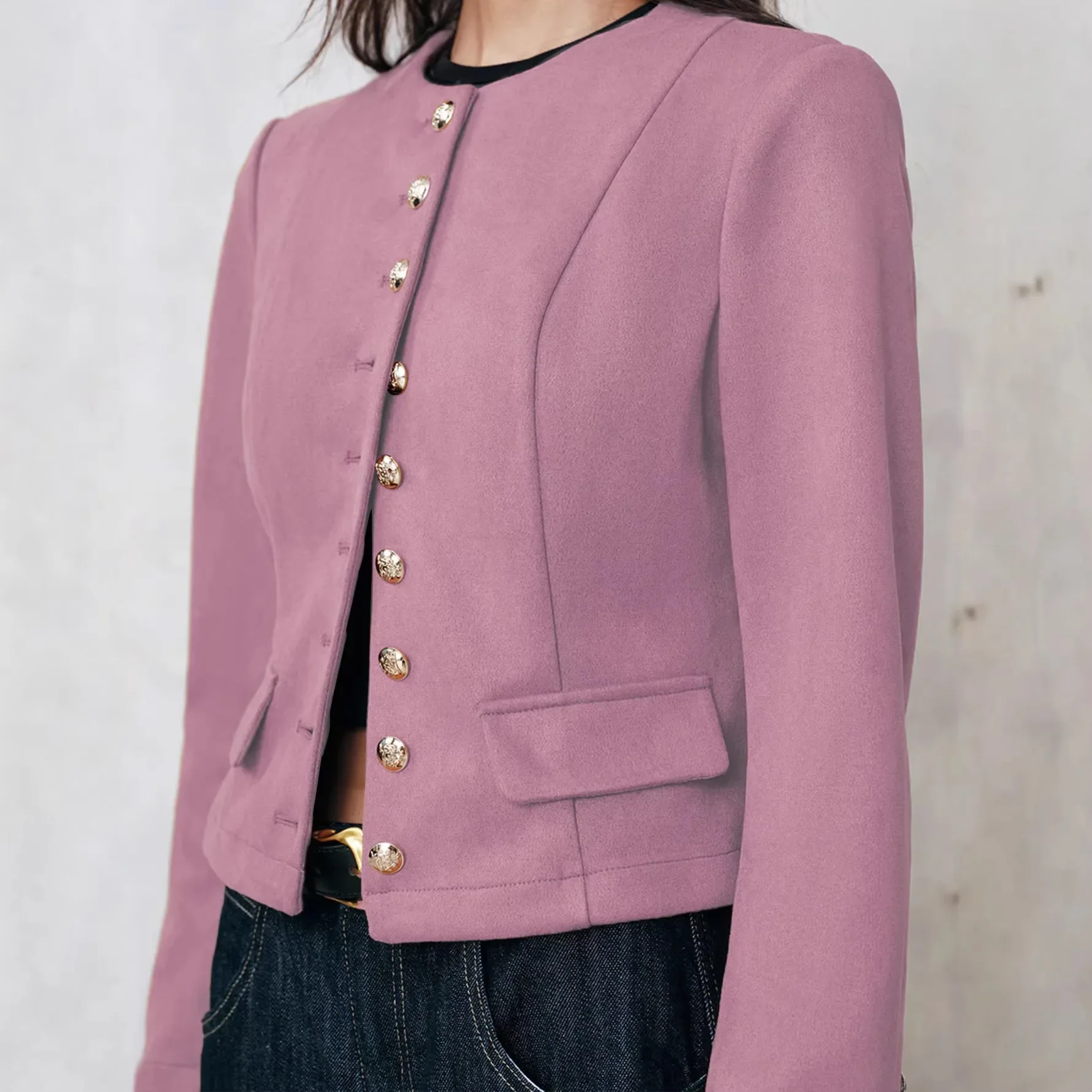 Temperament Commuting Short Round Neck Suit Jacket Spring and Autumn New Casual Trend Street Solid Color Suit Top