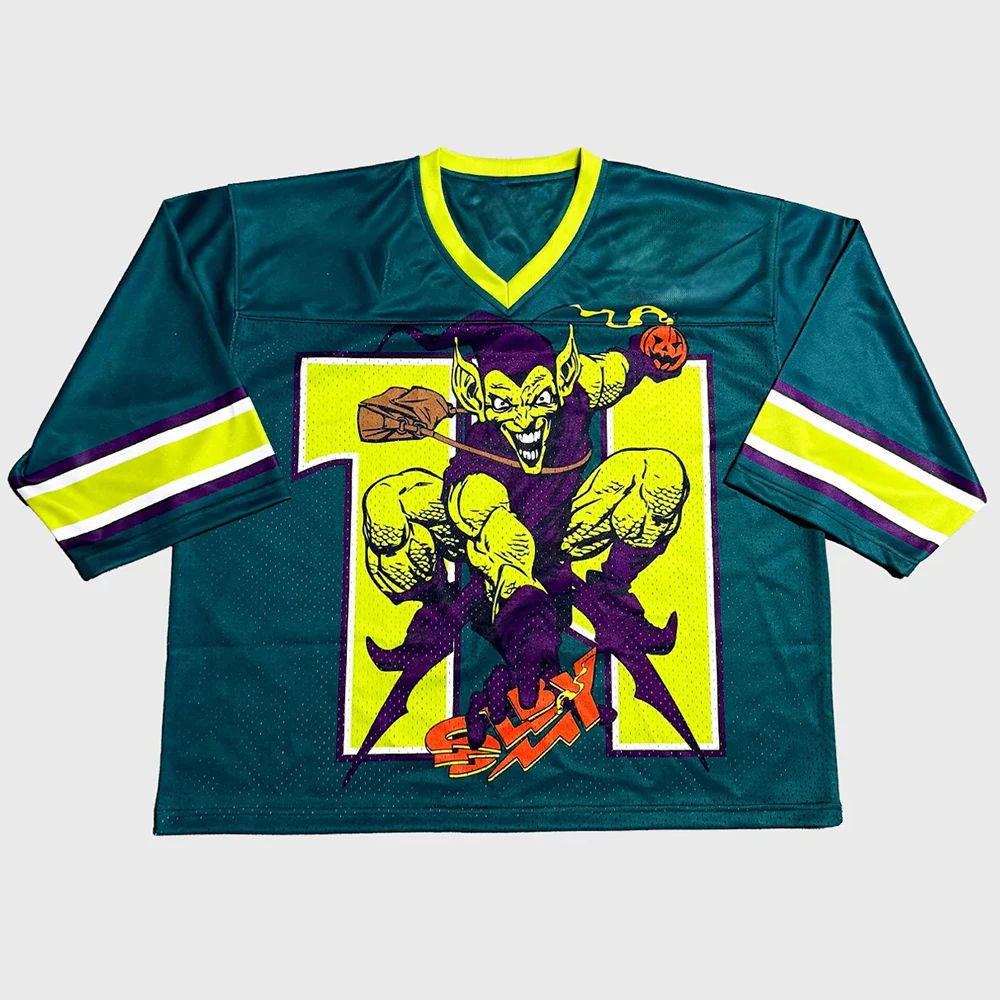 

2026 Новая детская футболка для косплея с героями мультфильмов Marvel, зеленый трикотаж с гоблином для мужчин и женщин, большая дышащая быстросохнущая рубашка с v-образным вырезом