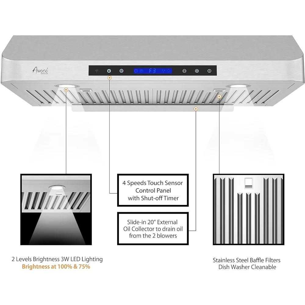 RH-C06-A30 Classic 6” High 1mm Thick Stainless Steel Under Cabinet 4 Speeds 900 CFM Range Hood