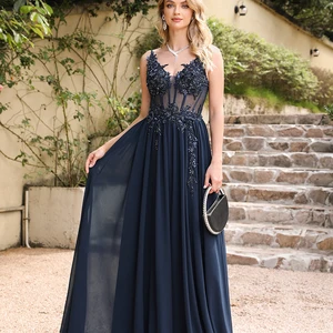 Vestidos azuis marinhos com alças de espaguete, elegantes apliques frisados, vestidos de baile, vestidos de festa formais, linha A, 2024 11 principais vendas dama da noite vestido - №6