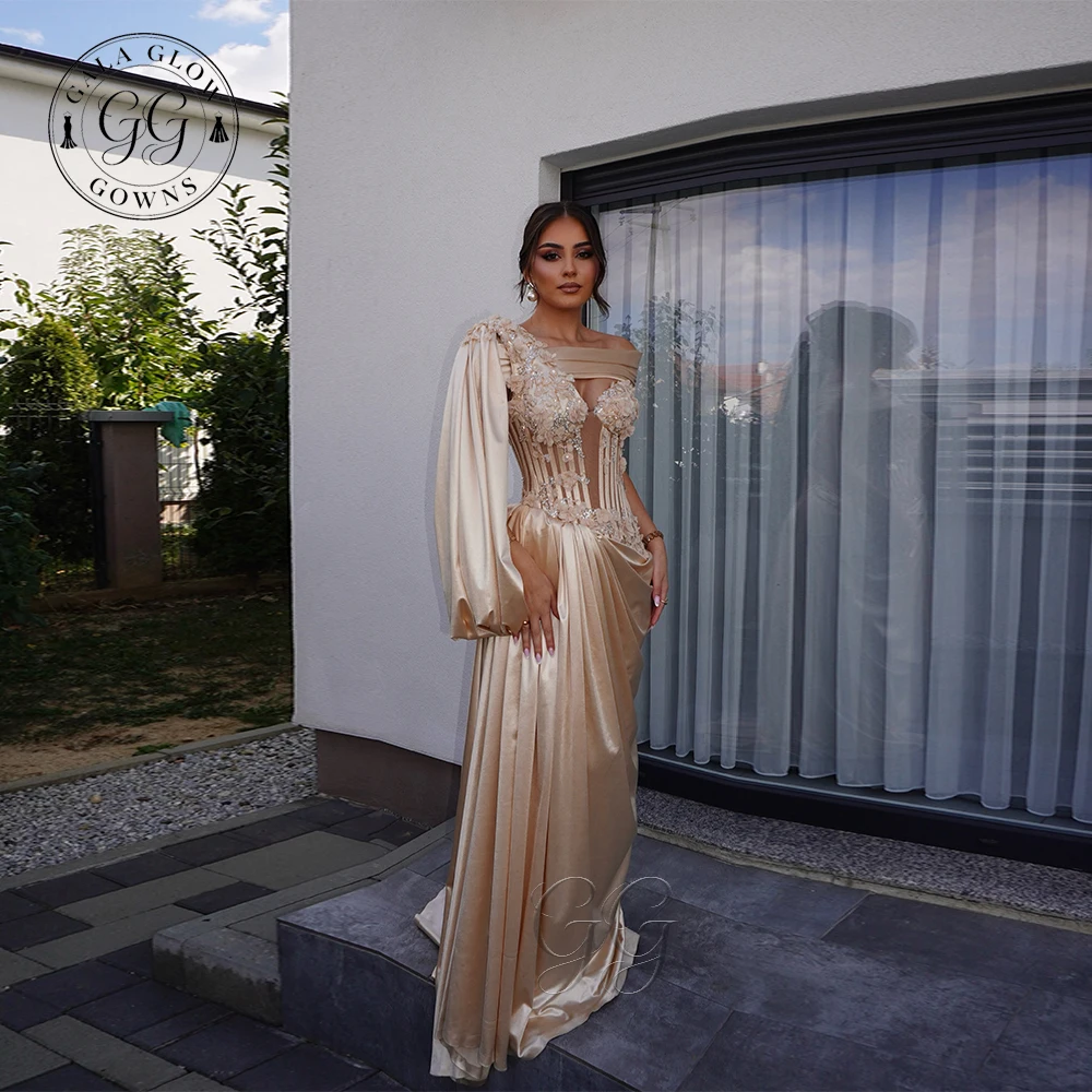 GalaG Champagne Lace Off the Shoulder Formal Evening Dresses Chest Beads Rhinestones Ruched Floor Length Prom Party Gown Custom