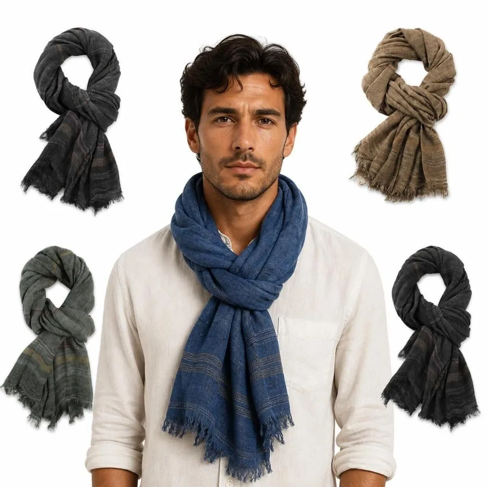 Cotton Linen Yarn-dyed Winter Men's Scarves Tassel Striped Long Scarf Male Accessories Lightweight Bufanda Wraps