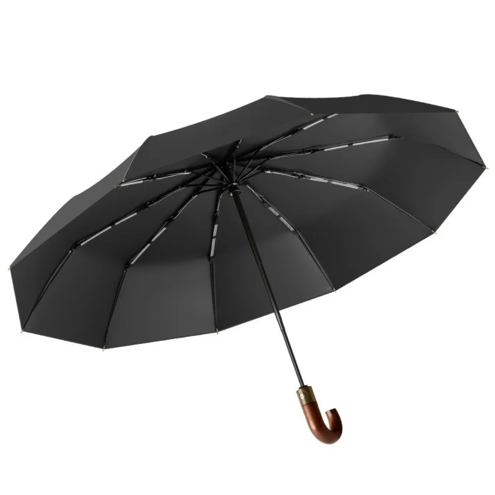 Luxury UV Protection Automatic Folding Umbrella Windproof Wooden Curved Handle Business Umbrella 3-Fold Umbrella Daily Commute