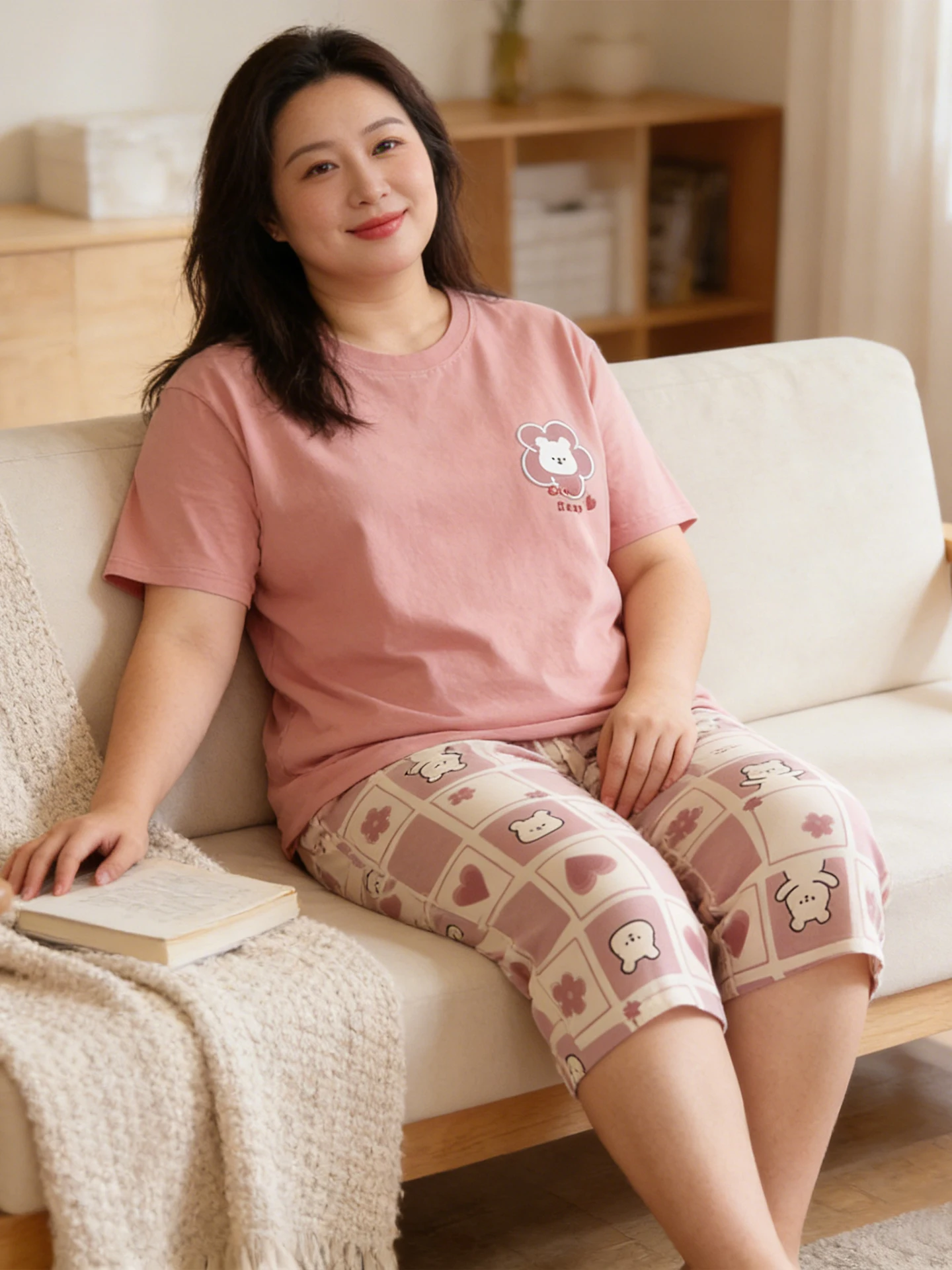 plus-size-women's-cotton-sleepwear-short-sleeve-seven-piece-pants-home-clothes-summer-breathable-comfortable-outerwear