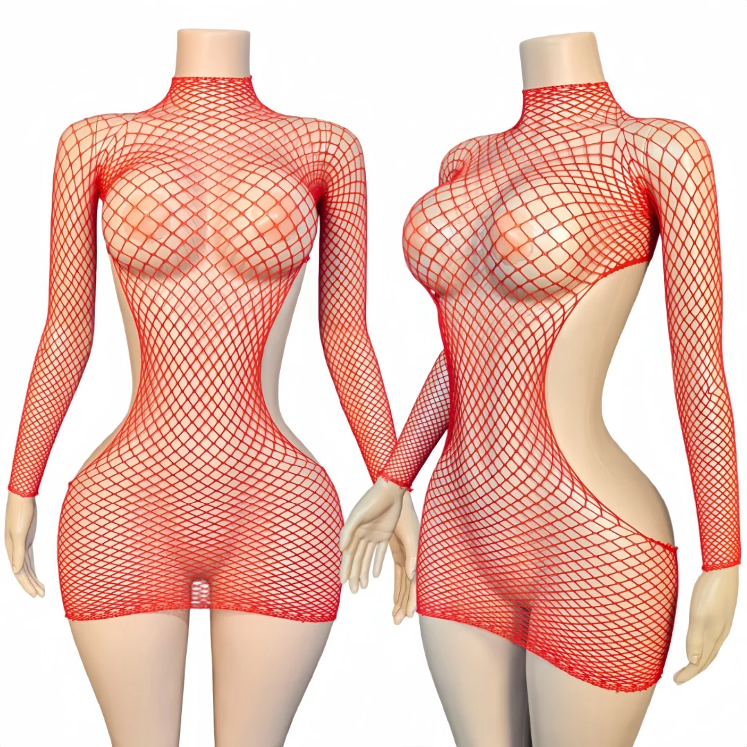 

One-Piece dress Sexy Open Crotchless Lingeries For Women Erotic Outfits Mesh Hollow Mini dress High Waist Elastic With Backless