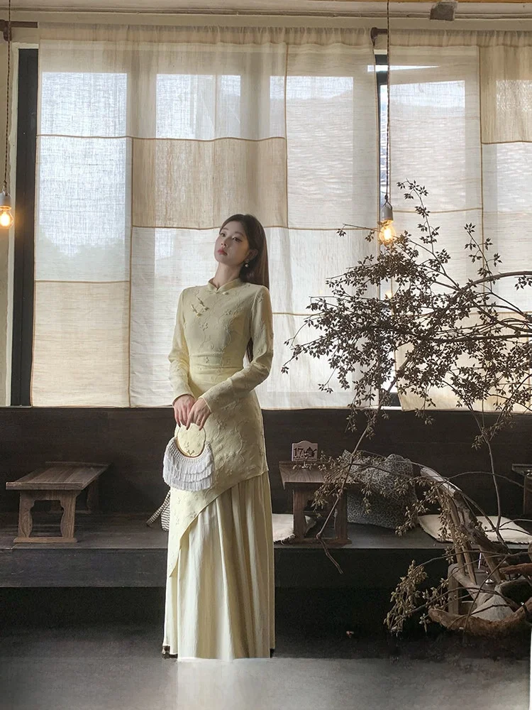 

Ele Chinese Sle Long Sve Dr Women's Autumn Winter Vintage Qipao Gown Epie of National Faion Patchwork