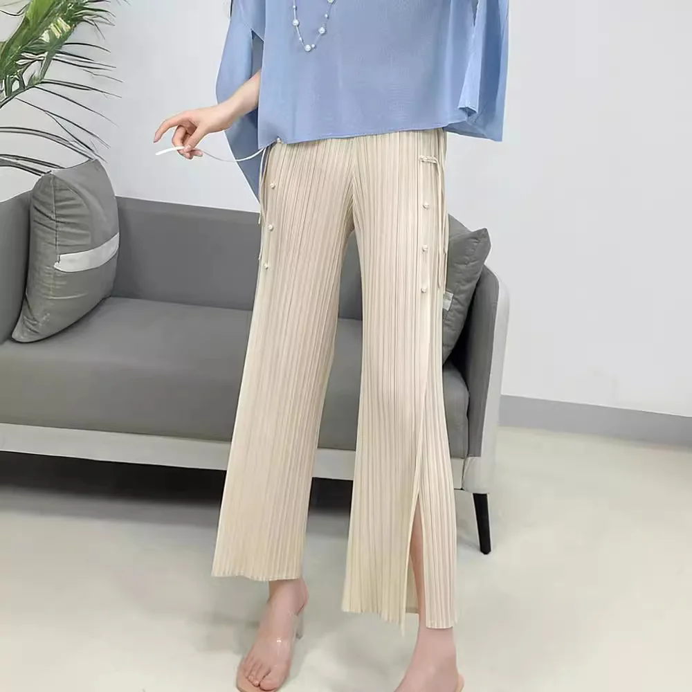 Miyake Pleated 2024 Summer New Style Nine-point Pants Chinese Style Buckle Casual Pants Women's Versatile High-end Women's Pants