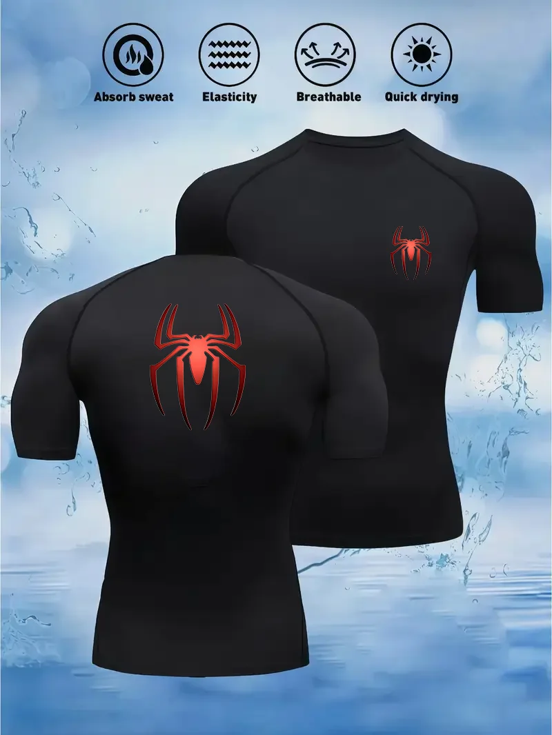 Compression Shirt Men's Gradient Spider print Quick Dry Gym Fitness Shirts Spring Beach Athletic Sport Running Workout Tops Tees