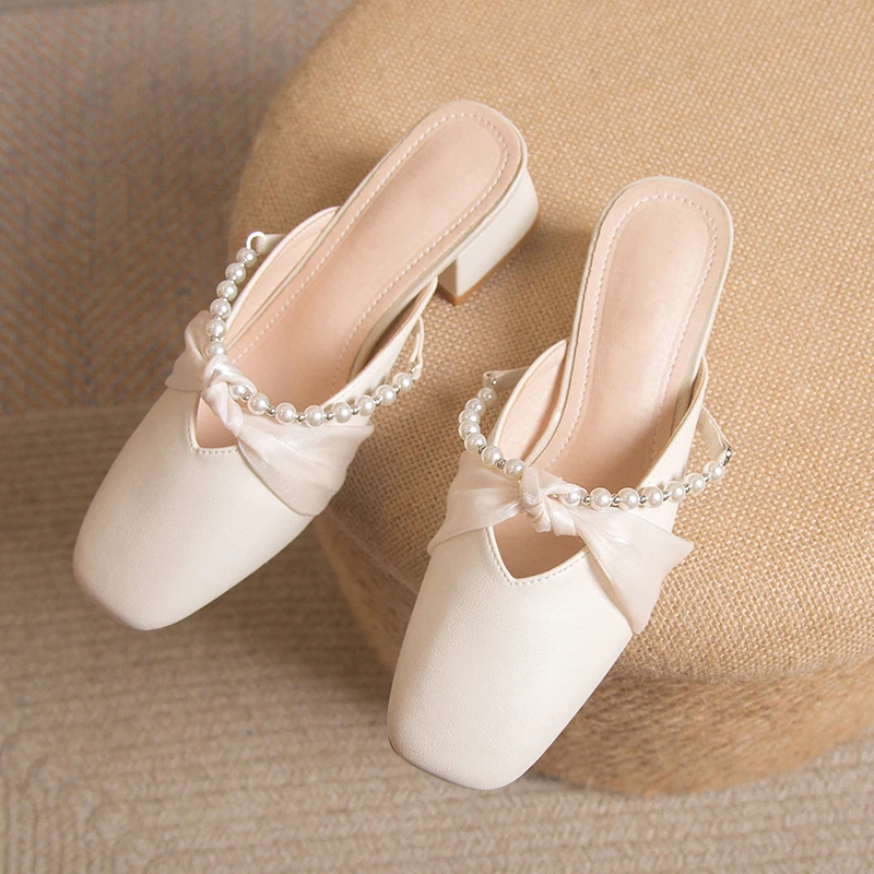 2023 Summer New Pearl Chain Square Head Shallow Mouth Women\'s Slippers Fairy Style Comfortable High Heel Shoes Girl