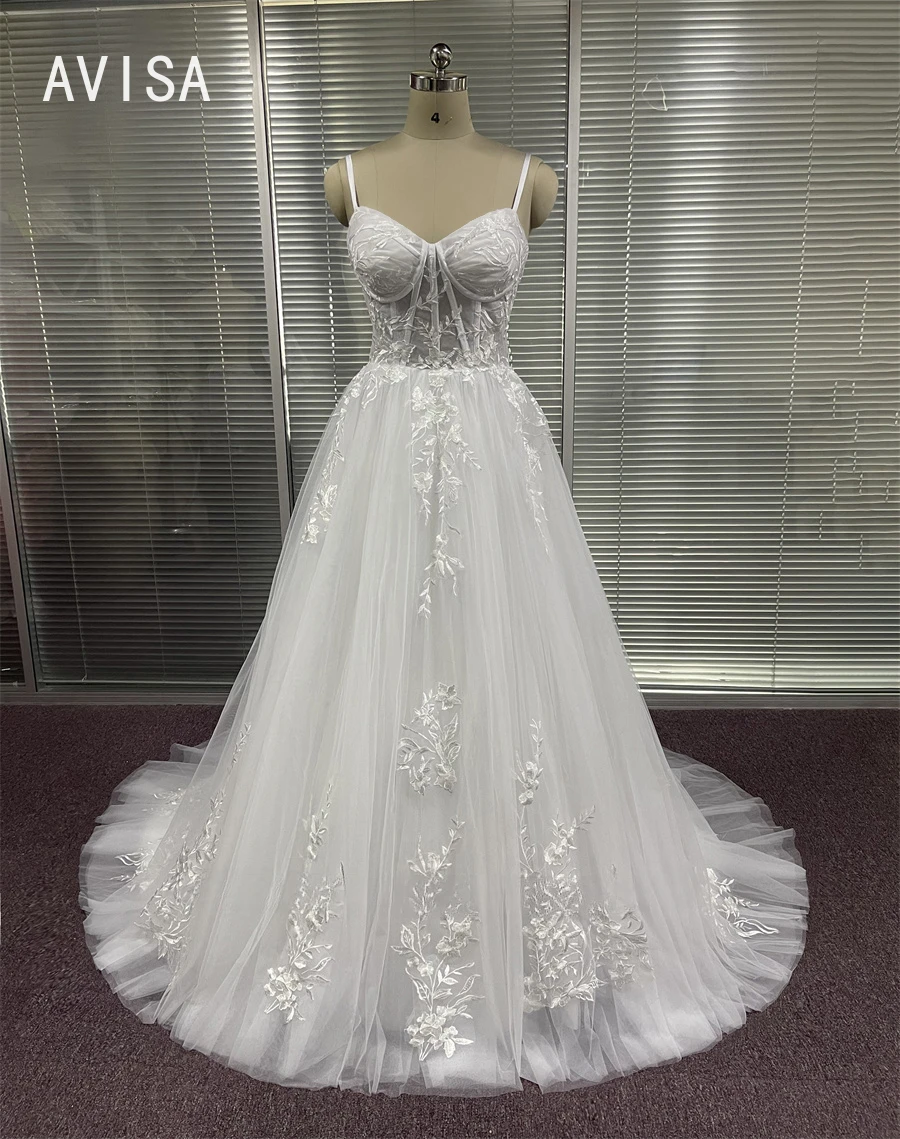 Vestido De Novia Sexy con tirantes finos, traje De tul sin mangas, escote en V, tren De barrido