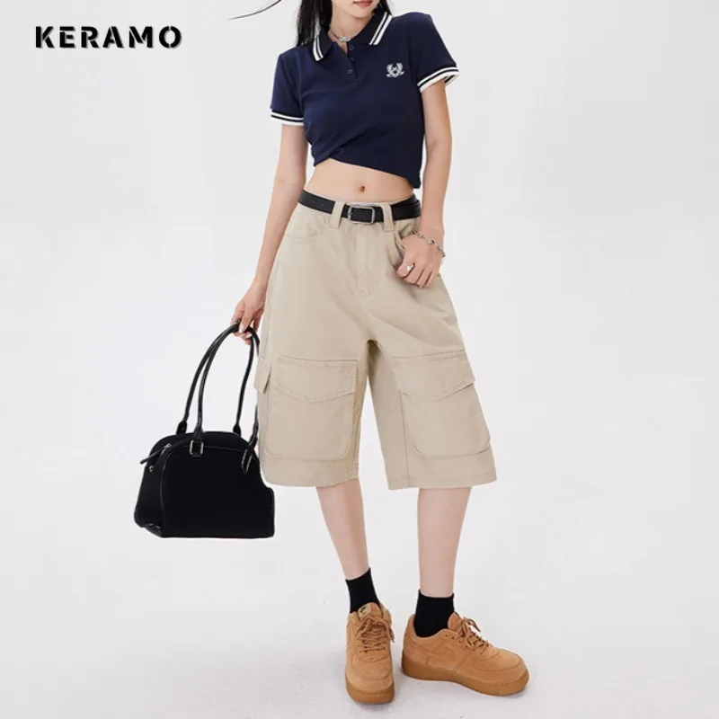 American Vintage Cargo High Waist Jeans Women's Casual 2000s Mid Long Shorts Baggy Wide Leg High Street Retro Denim Shorts