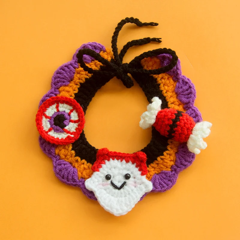 1pcs Halloween Dog Collar Pet Bib Dog Collar Cat Hat Hand Knitted Crochet Collar Pumpkin Costume Pet Accessories