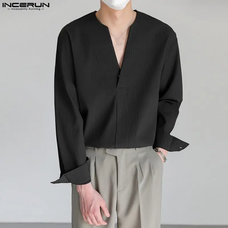 INCERUN-Chemise à manches longues à col en V pour hommes, Streetwear, Chemises décontractées, Style coréen, Mode S-5XL, Solide, Document At, 2023